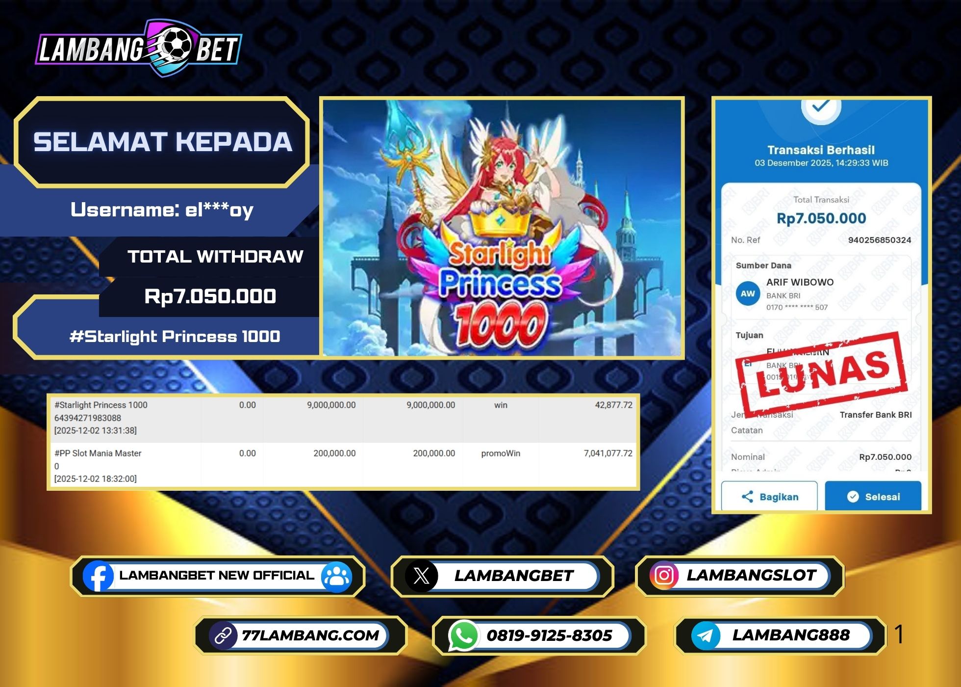 LAMBANGBET [3 DESEMBER 2025] JACKPOT SLOT Starlight Princess 1000 "Rp7.050.000" LUNAS